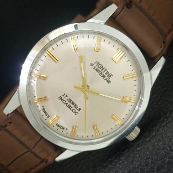 Vintage 1979 Montine Of SwitzerlandManual Mens Silver Watch W/Leather Strap